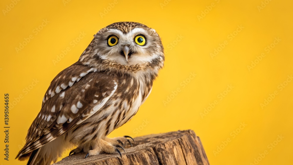 Fototapeta premium Little Owl on Yellow Background Close-up Portrait Photography, Wildlife, Bird Owl Photography, Bird Portrait