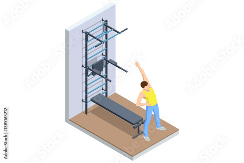Stretching. Isometric vector illustration of a man doing side stretching exercises near gym wall bars. Warm-up routine, flexibility training, fitness exercise. Athletic lifestyle, sports equipment.
