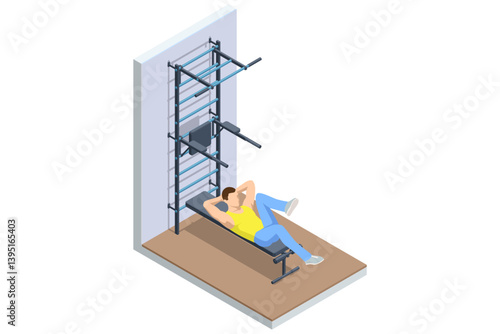 Crunches. Isometric vector illustration of a man doing bicycle crunches on an exercise bench near wall bars. Abdominal strength, core training, fitness exercise. Athletic lifestyle, sports equipment.