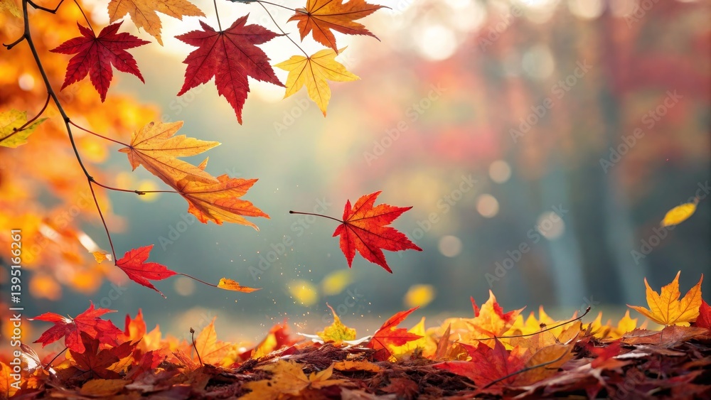 Fototapeta premium Autumnal Maple Leaves Falling, Red and Gold, Bokeh Background, Photography, Autumn leaves, Fall foliage