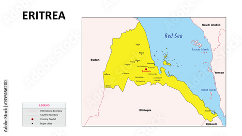 Eritrea map. Major cities in Eritrea. Political map of Eritrea with border and neighbouring countries.