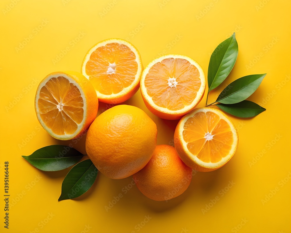 Fototapeta premium Halved oranges displayed elegantly against a minimalistic yellow background, emphasizing their vibrant citrus details