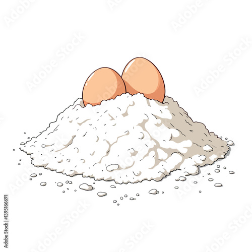 Vsai two eggs resting on a pile of flour, ready for baking