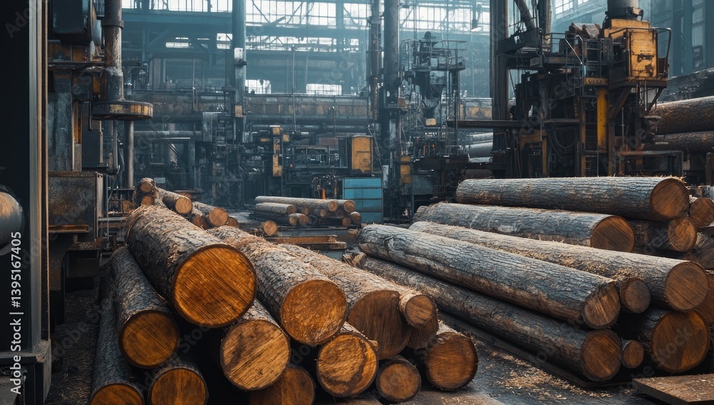 Industrial lumber yard. Logs stacked Industrial lumber yard. Logs stacked