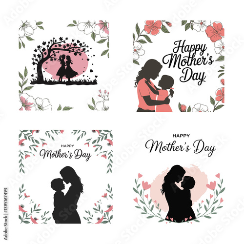 Happy Mother's Day Greeting Cards with Silhouette of Mother and Child with Floral Decoration