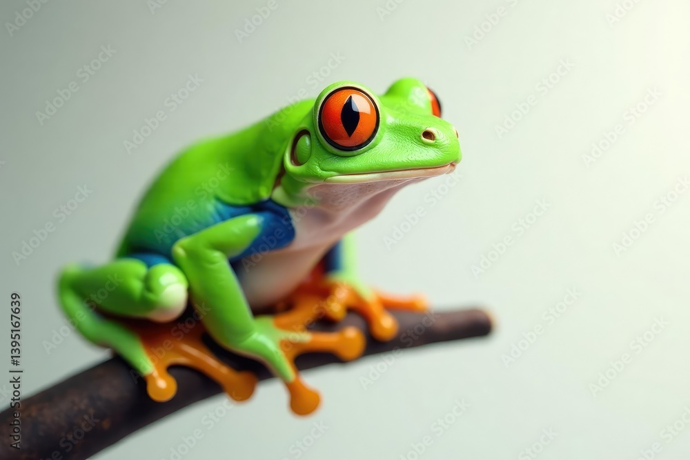 Fototapeta premium Green tree frog perched on white, vibrant skin, jump, nature, stock photo
