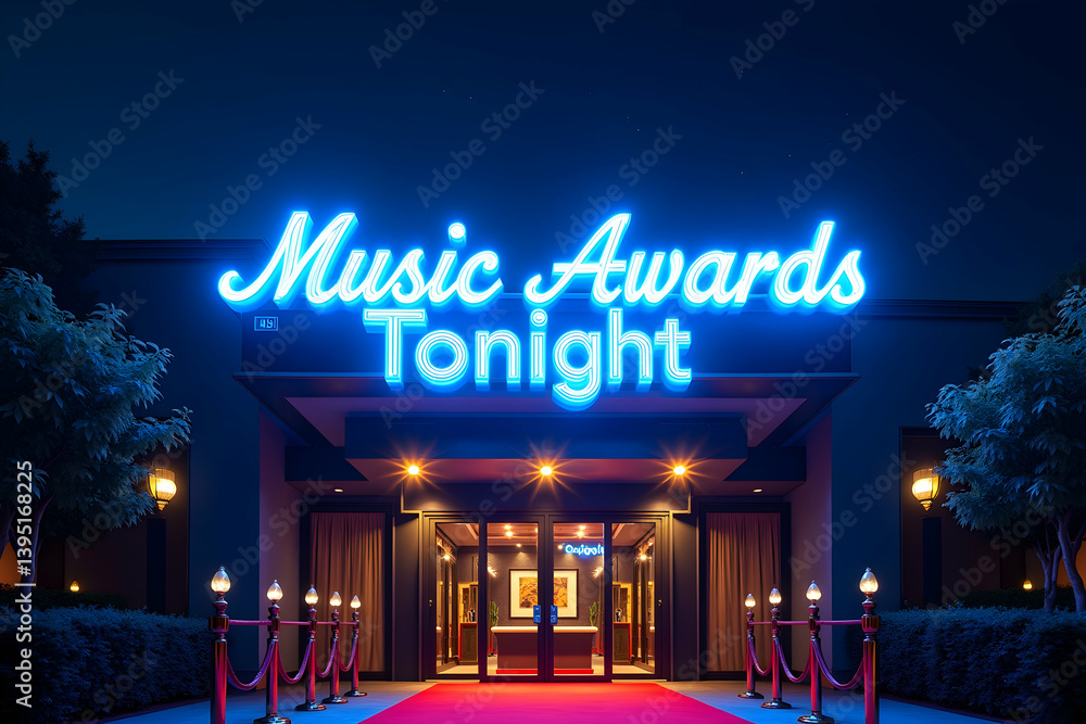 Spectacular music awards ceremony entrance illuminated by vibrant neon signage and a luxurious red carpet leading to an unforgettable evening celebration