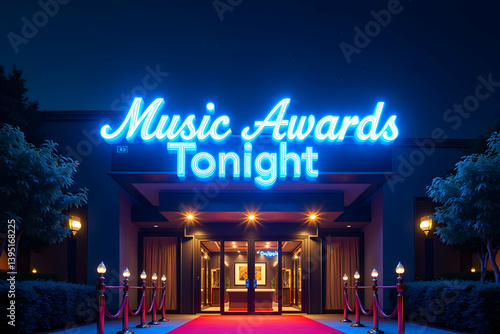 Obraz na płótnie Spectacular music awards ceremony entrance illuminated by vibrant neon signage and a luxurious red carpet leading to an unforgettable evening celebration w salonie