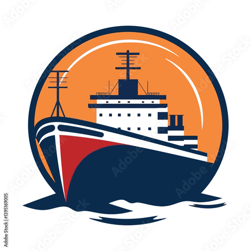 International shipping tanker ship under round illustration