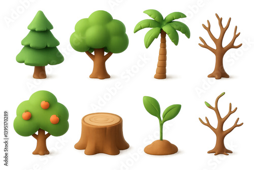 3d tree icons set: variety of trees and plants in a simple style