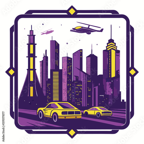 Design a bold, vector illustration of a futuristic city skyline, emphasizing strong lines and vibrant colors.  Include flying vehicles and towering skyscrapers.