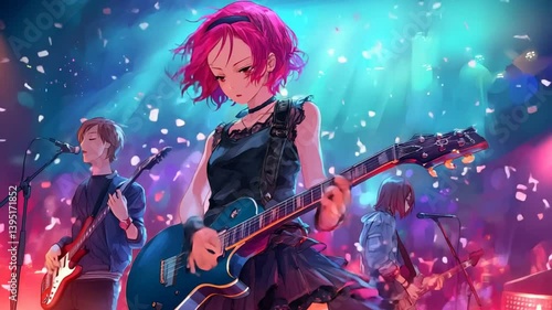 Electric Guitar Performance by Anime Girl in Vibrant Nightclub Generative AI