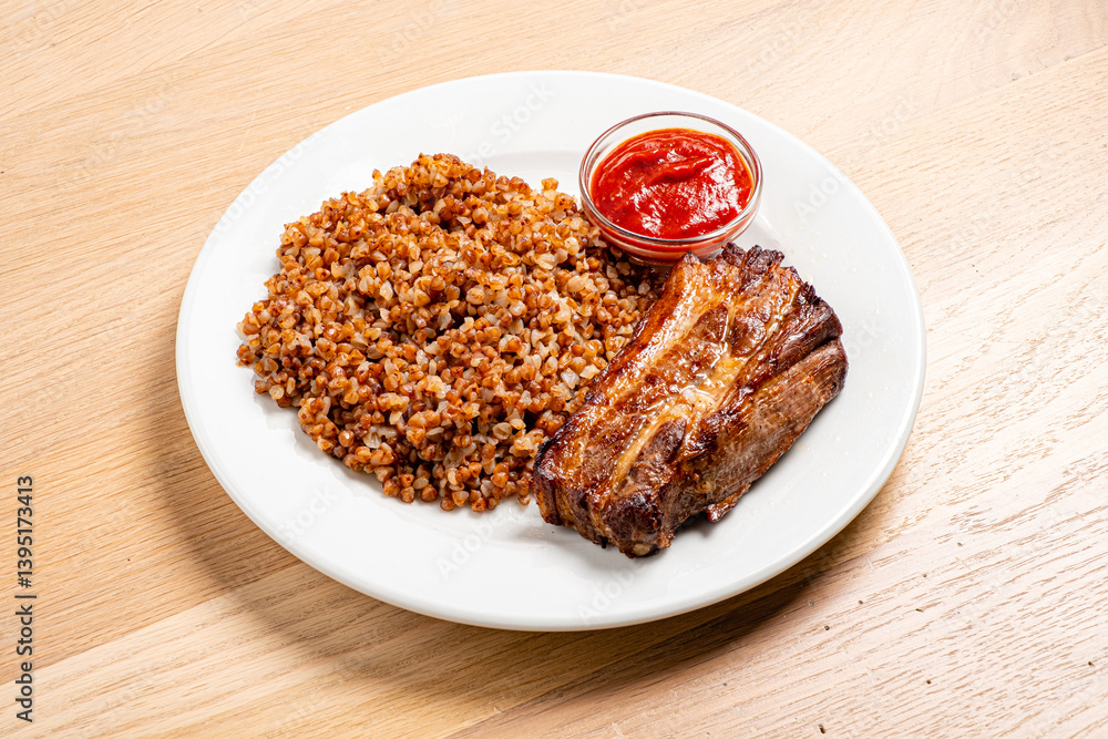 Grilled meat paired with flavorful buckwheat and a side of zesty sauce, inviting appetite Grilled meat paired with flavorful buckwheat and a side of zesty sauce, inviting appetite