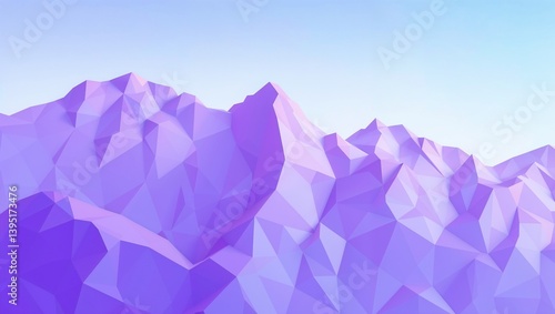 Abstract low poly landscape background: Faceted triangles forming stylized mountains and sky in a palette of cool blues, purples, and pinks. Crisp, sharp edges between all polygons, clean render, bala
