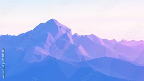 Abstract low poly landscape background: Faceted triangles forming stylized mountains and sky in a palette of cool blues, purples, and pinks. Crisp, sharp edges between all polygons, clean render, bala