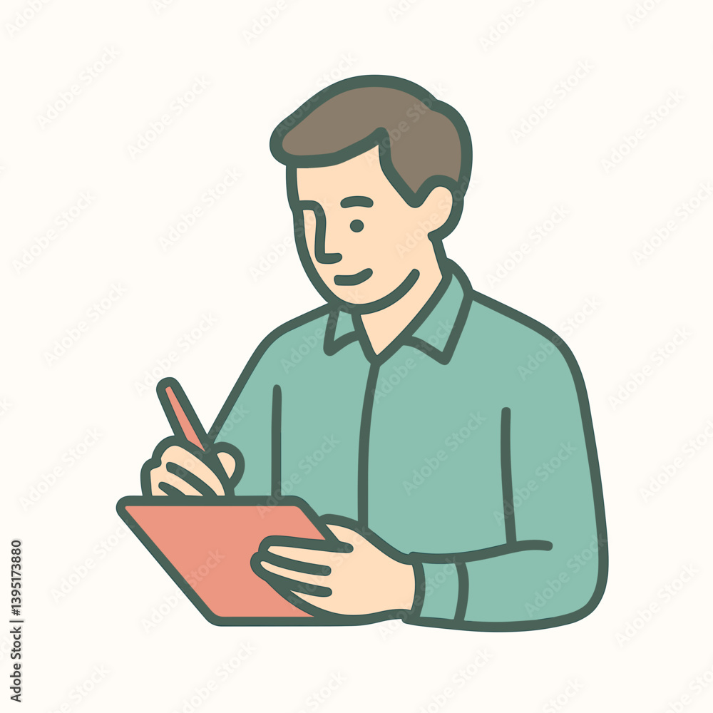 Colleague writing notes with a smile in a minimalist setting  