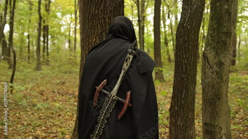 Black cloak, Forest mystery, Black-clad figure. Black-cloaked individual walks through forest, weathered sword strapped to their back.