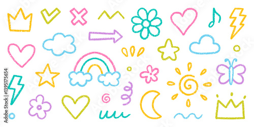 Chalk pencil cute kid doodle set. Childish scribble crayon rainbow, stars, flower, heart, crown in sketch style. Grunge texture. Hand drawn vector illustration isolated on white background
