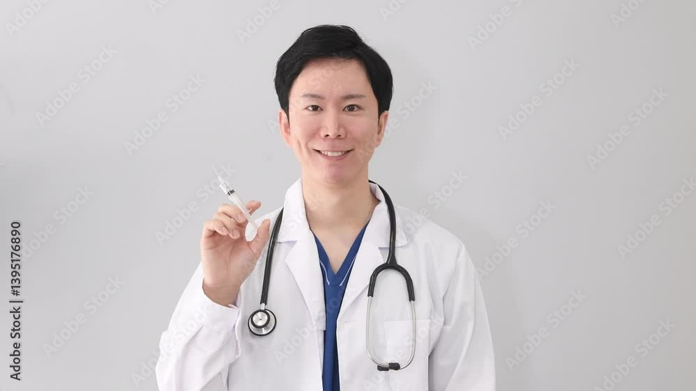 注射器を持つ白衣姿の若い男性の医療従事者 注射器を持つ白衣姿の若い男性の医療従事者
