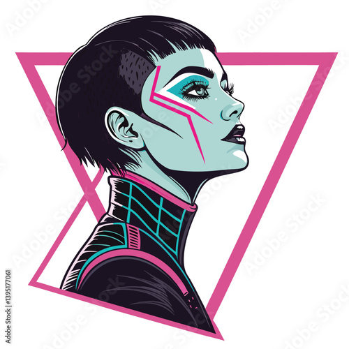 Create a bold, vector illustration of a girl with cybernetic enhancements, emphasizing strong lines and vibrant colors.  Focus on futuristic, edgy style.