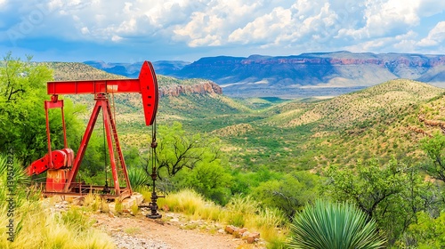 Oil pump working in scenic desert. Hills & sky in the background. Possible energy issues stock