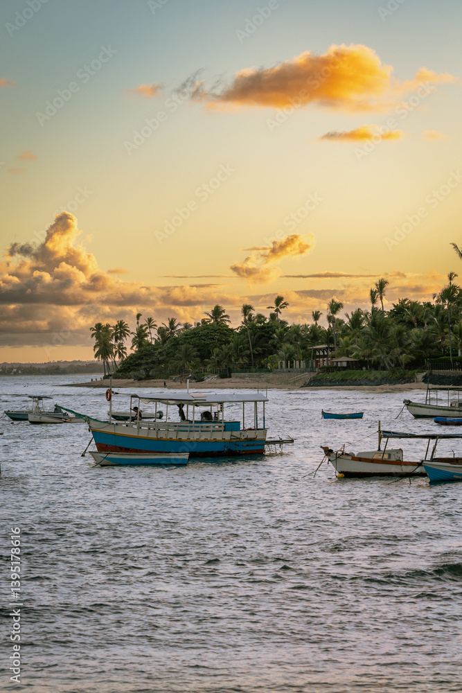 Fishing Boats at Praia do Forte, Bahia, Brazil during sunset