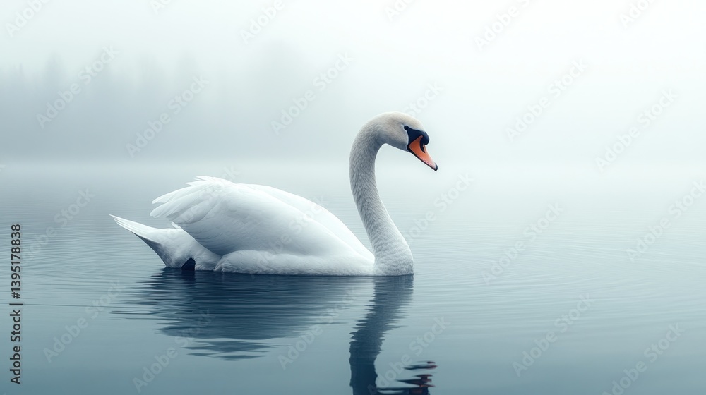 Majestic swan in tranquil misty scene Majestic swan in tranquil misty scene