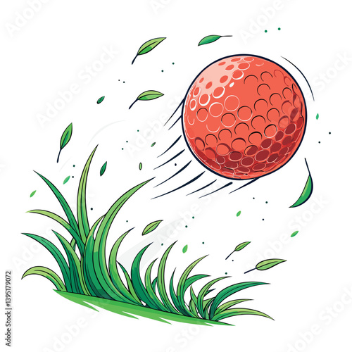 Create a vector illustration of a golf ball in mid-flight, depicted with bold, dynamic strokes.  Emphasis on motion and energy.