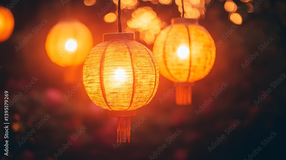 Glowing Orange Paper Lanterns Hanging Outdoors at Dusk Glowing Orange Paper Lanterns Hanging Outdoors at Dusk