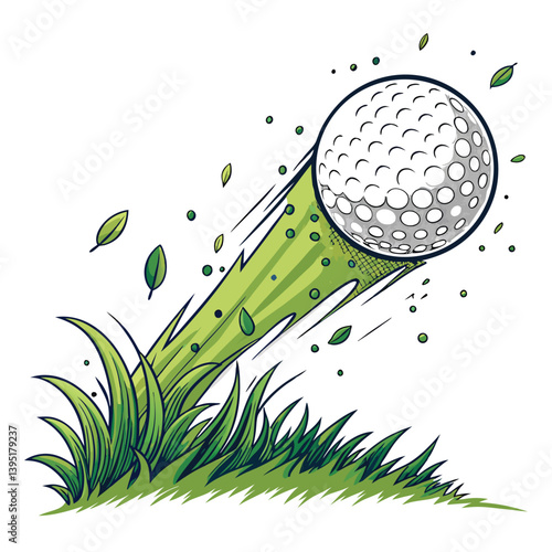 Create a vector illustration of a golf ball in mid-flight, using bold, dynamic strokes.  Emphasize motion and energy.