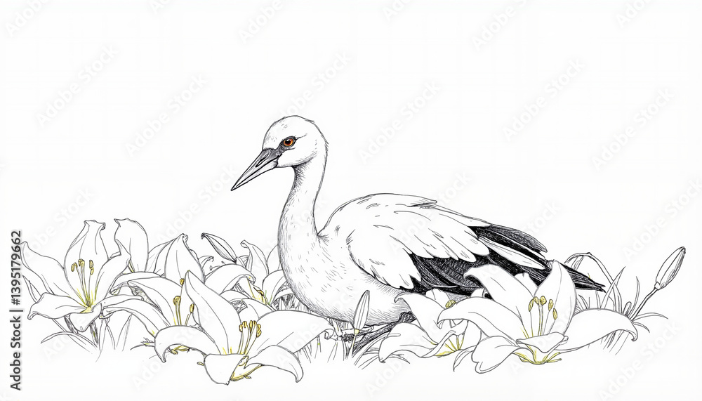 Obraz premium Stork standing among lilies in a minimalist style
