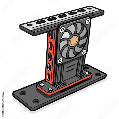 Design a bold, vector graphic depicting a powerful graphics card support bracket.  Include strong lines and impactful color choices.