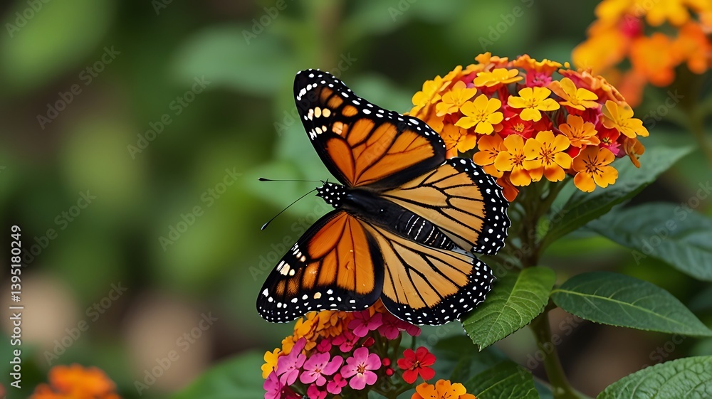 Monarch Butterflies Resting on Blooming Butterfly Bush with Green Bokeh Background Monarch Butterflies Resting on Blooming Butterfly Bush with Green Bokeh Background