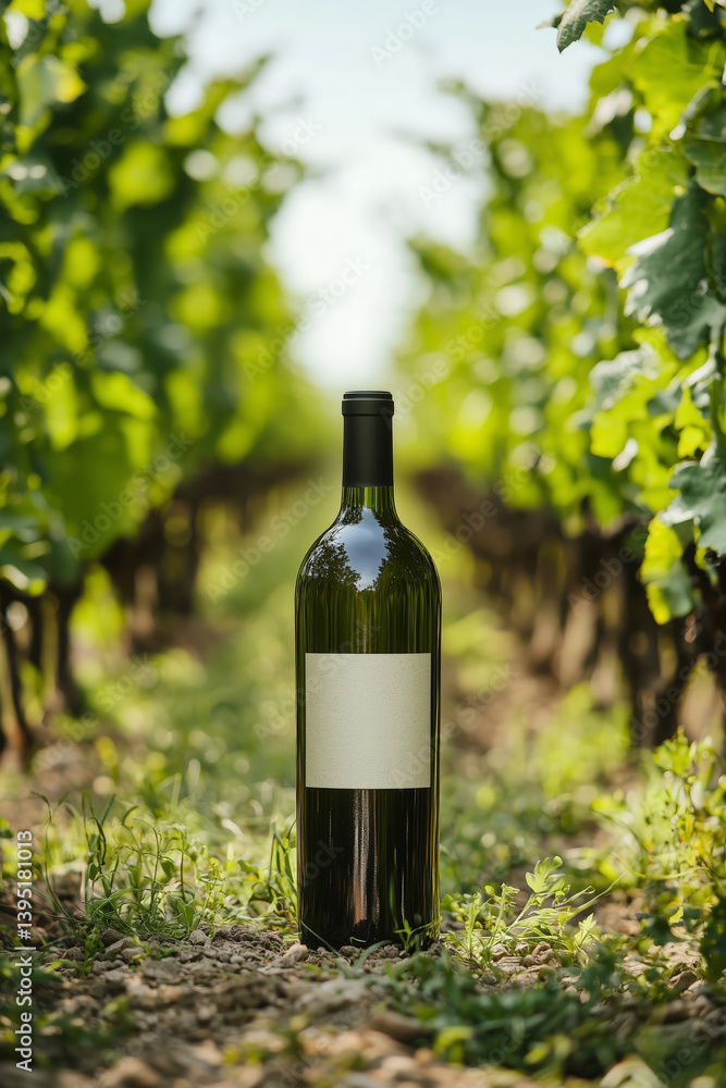 Obraz premium Wine bottle with blank label standing between lush vineyard rows, symbolizing artisanal winemaking, branding potential, and organic viticulture in a natural setting