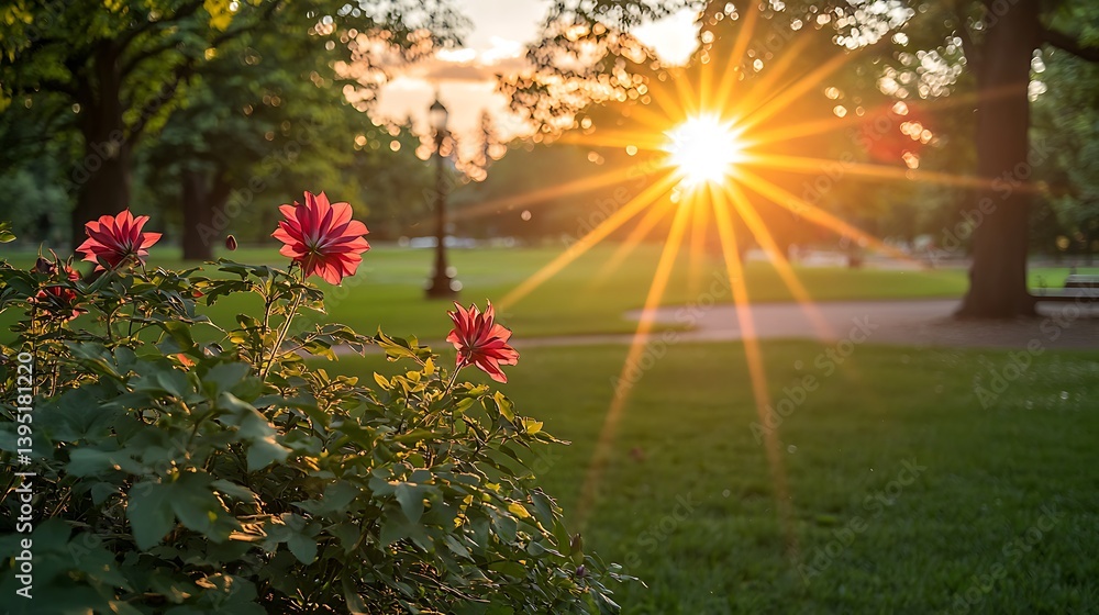 Fototapeta premium Park sunset with flowers and sunbeams