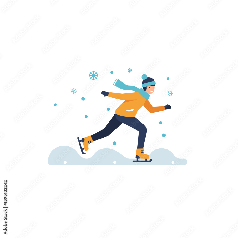 Skater enjoying winter fun while ice skating in snowy landscape Skater enjoying winter fun while ice skating in snowy landscape