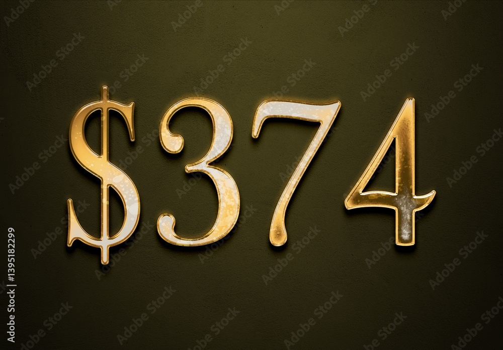 Old gold effect of 374 dollars with 3D glossy style Mockup. Old gold effect of 374 dollars with 3D glossy style Mockup.