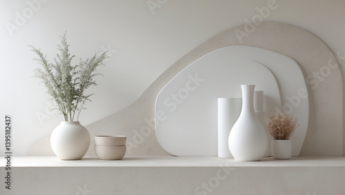 Minimalist Still Life Arrangement Featuring Vases Bowls And Decorative Backdrop Elements