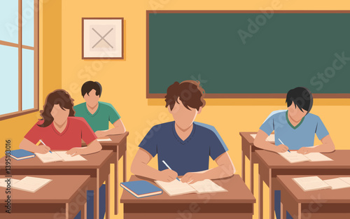 Students writing in classroom at desks, illustration, focus on education and learning