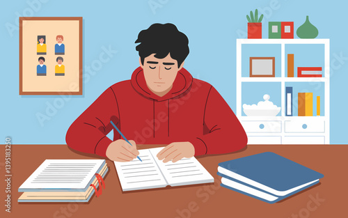 Focused Student Writing in Notebook, Home Study with Books and Personal Touch