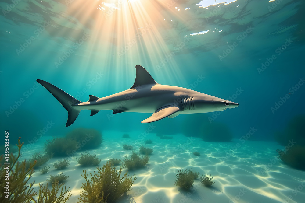 Obraz premium Underwater ballet, A majestic hammerhead shark gracefully gliding above a vibrant seabed illuminated by the sun's ethereal rays in a clear ocean