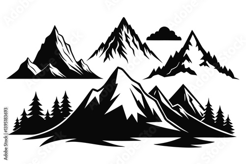 Mountain Range Silhouette. Black and White Peaks with Pine Trees and Cloud Formations