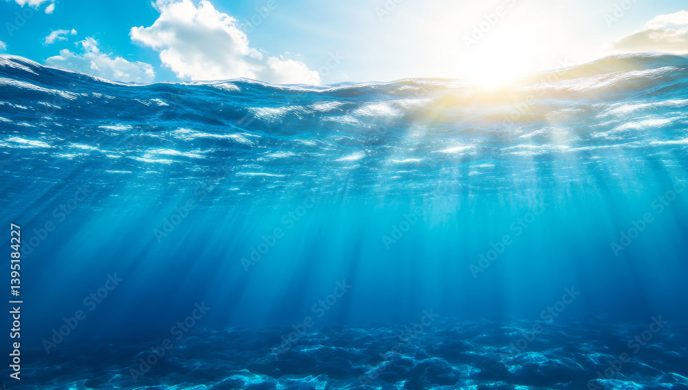 Fototapeta premium serene underwater scene showcasing deep blue sea illuminated by sunlight, creating tranquil atmosphere