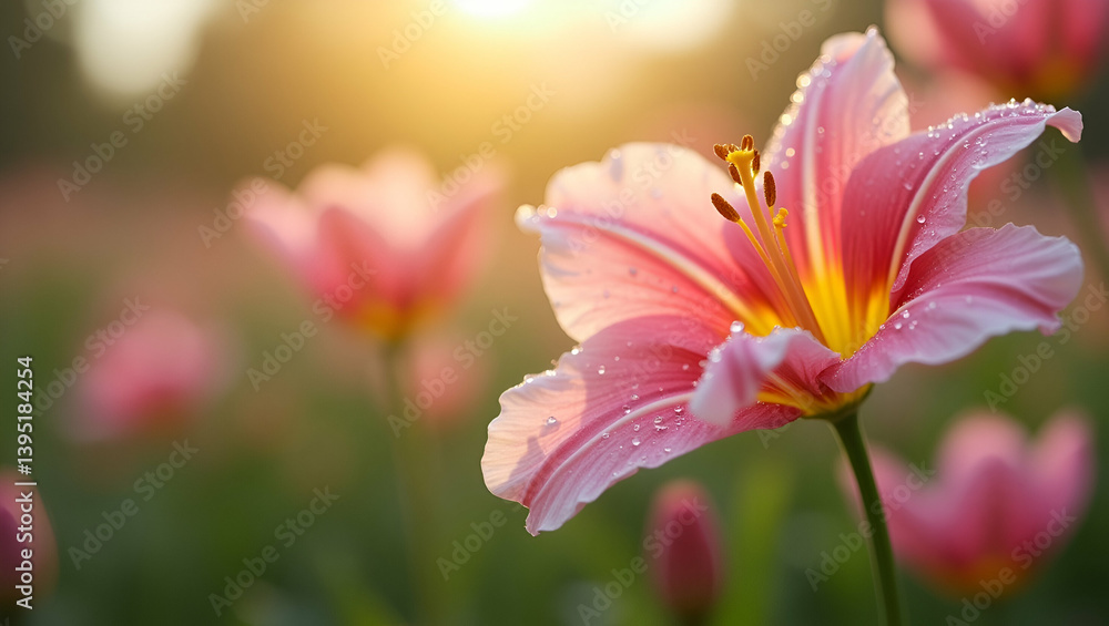 Serene Morning Dew on Vibrant Flowers: Delicate Droplets and Elegant Garden Backdrops for Spring Beauty - Photo Stock Concept Serene Morning Dew on Vibrant Flowers: Delicate Droplets and Elegant Garden Backdrops for Spring Beauty - Photo Stock Concept
