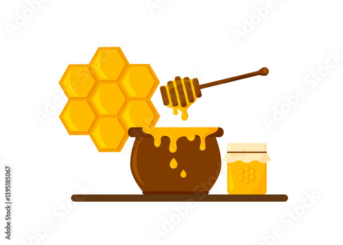 Honey in jar, bee and hive, spoon and honeycomb, hive and apiary. natural farm product.