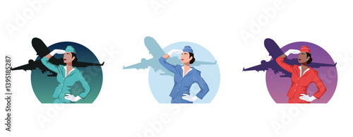Stewardess, Flight attendants on the background of the sky and a flying plane, isolated on a white background, vector illustration.
