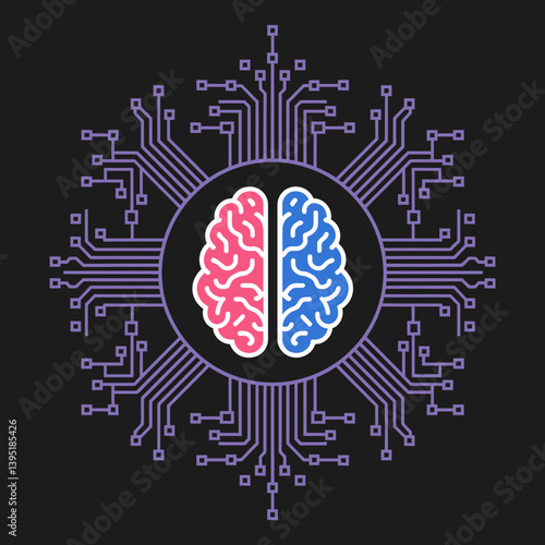 Brain Circuitry: Artificial Intelligence Concept with Pink and Blue Hemispheres