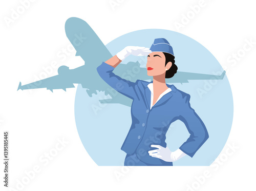 A flight attendant Stewardess on a blue background of the sky and the silhouette of an airplane, vector graphics on an isolated background