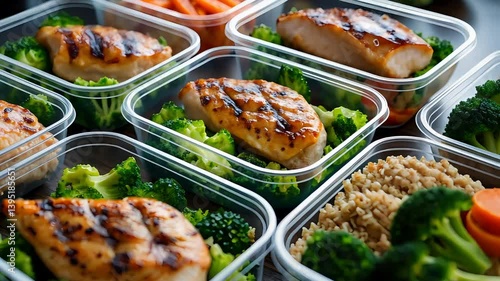 Healthy meal prep containers filled with grilled chicken breasts, steamed broccoli, quinoa, and fresh vegetables arranged in rows for nutritious convenient eating

