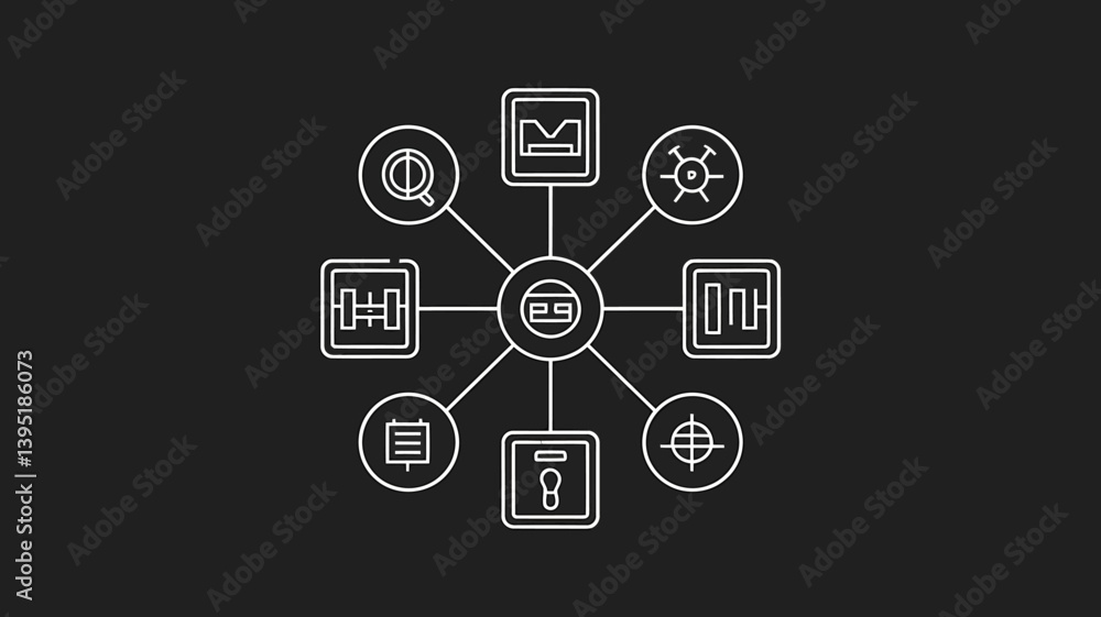 Interconnected technology icons on dark background, networking concept Interconnected technology icons on dark background, networking concept